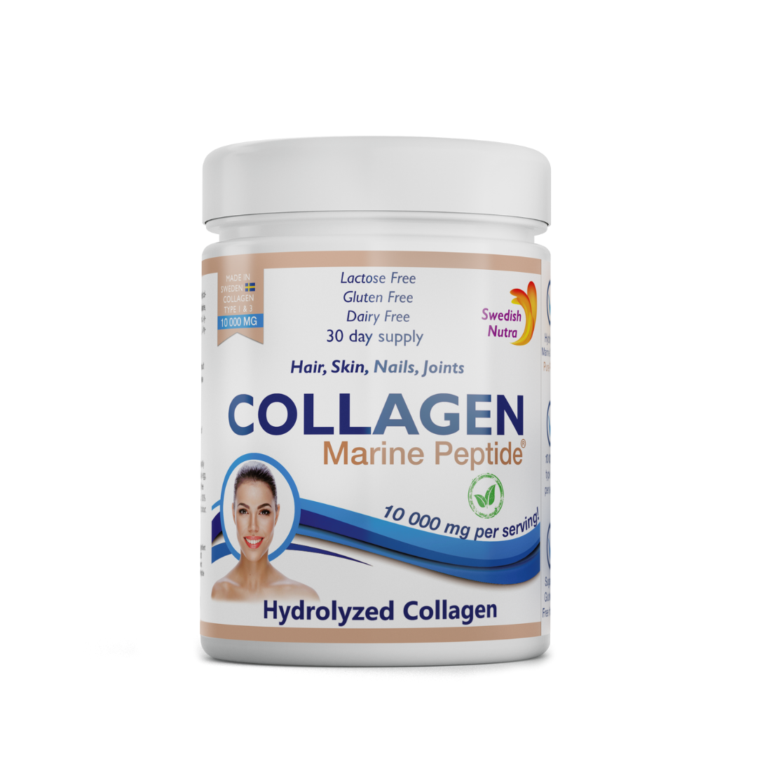 Front image: Swedish Nutra marine collagen peptide powder unflavoured 300g container