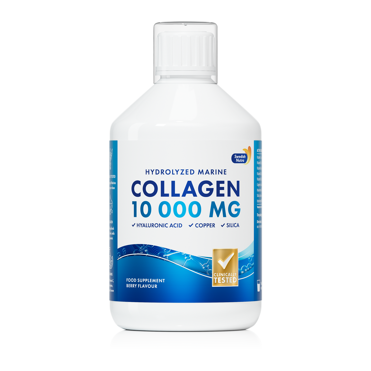 Front image: Swedish Nutra marine collagen pure peptide liquid berry flavour 500ml bottle