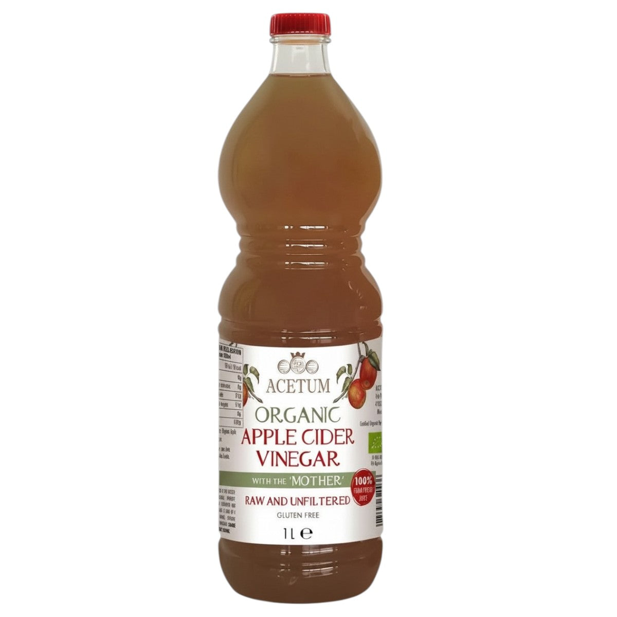 Front image: Acetum organic apple cider vinegar raw unfiltered bottle 1L