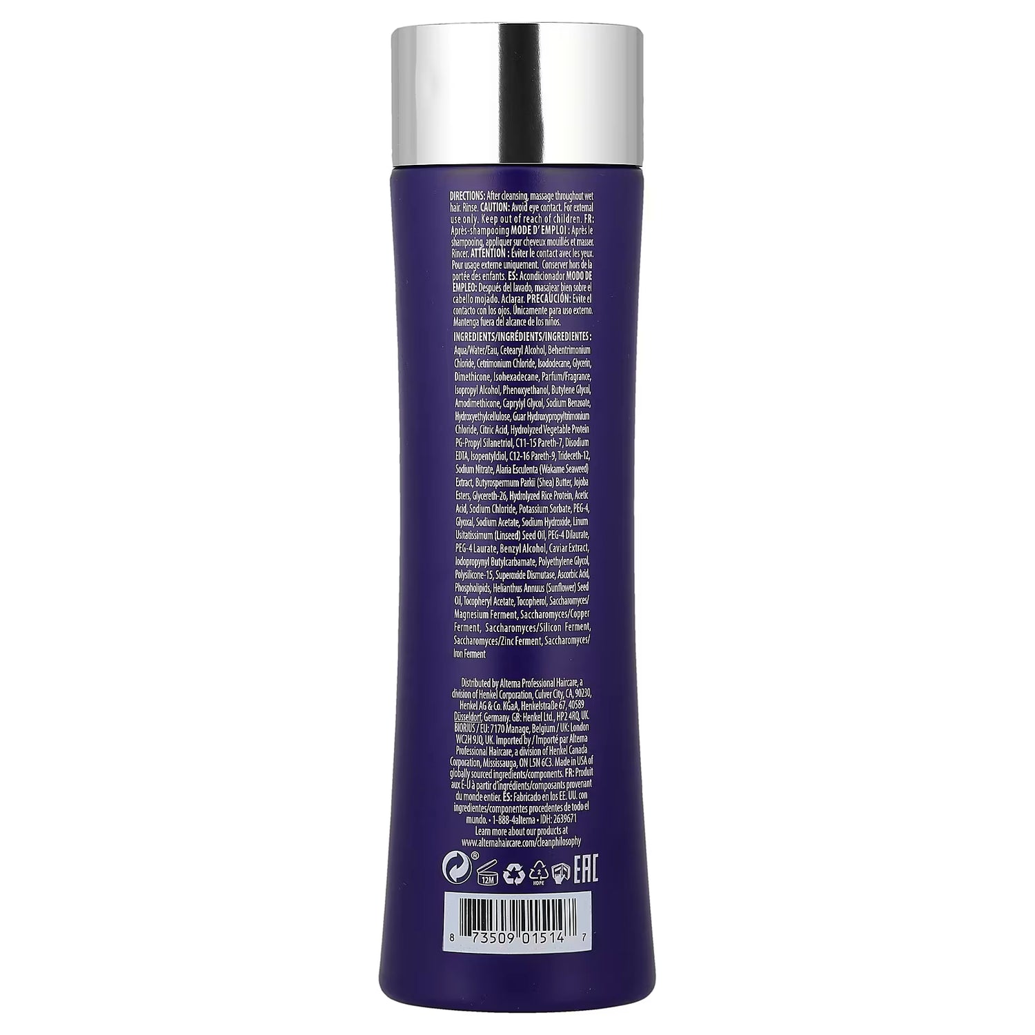 Back label of Alterna CAVIAR Conditioner showing ingredients list.
