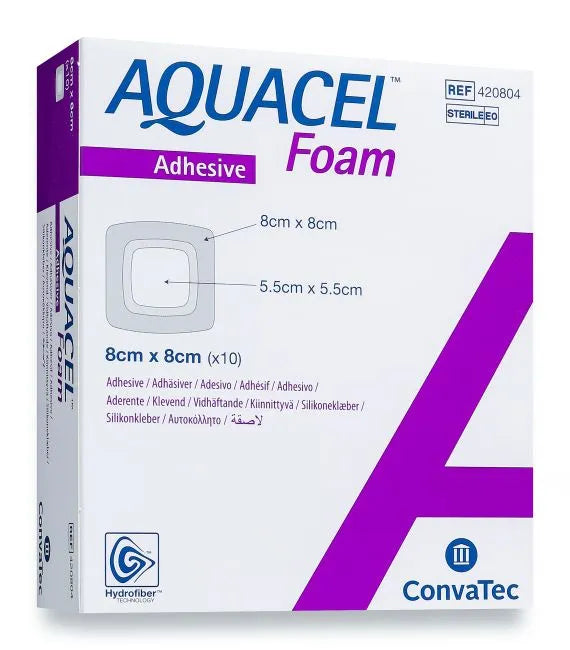 Box of Aquacel Foam Adhesive Square Dressing Pads.