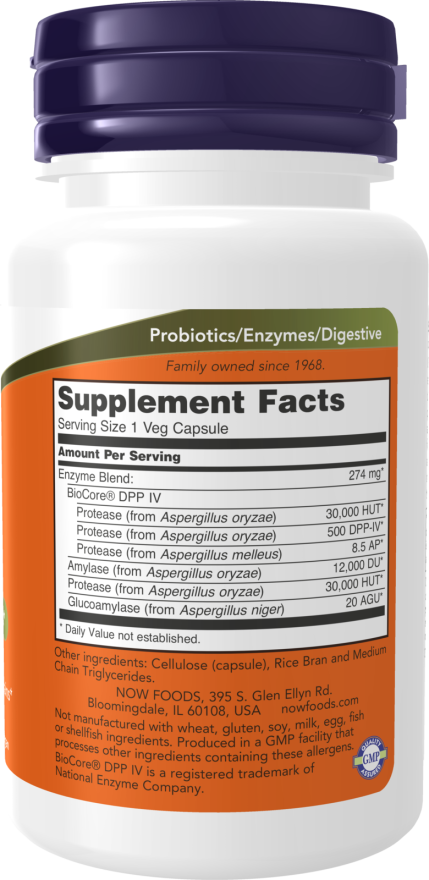 Supplement facts panel for NOW broad-spectrum digestive enzyme supplement bottle.