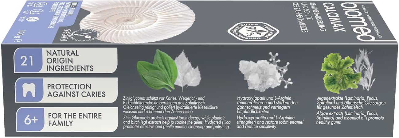 BIOMED Calcimax Mineral Toothpaste box, 100g, on a clean background.