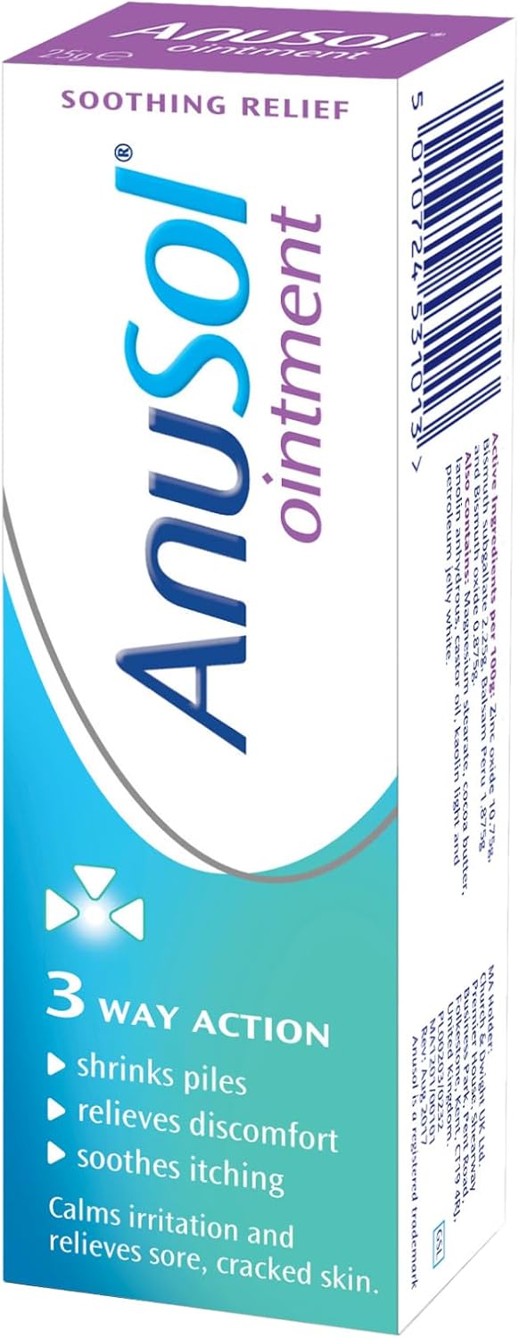 Front of 25g Anusol Ointment tube, blue and white packaging.