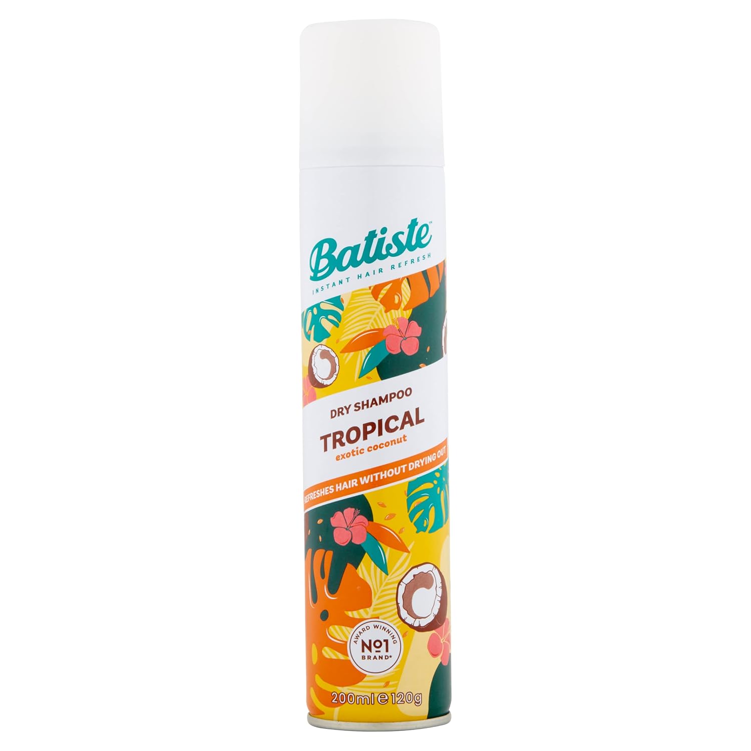 Batiste Dry Shampoo Tropical Exotic Coconut 200ml can, tropical design on white background.