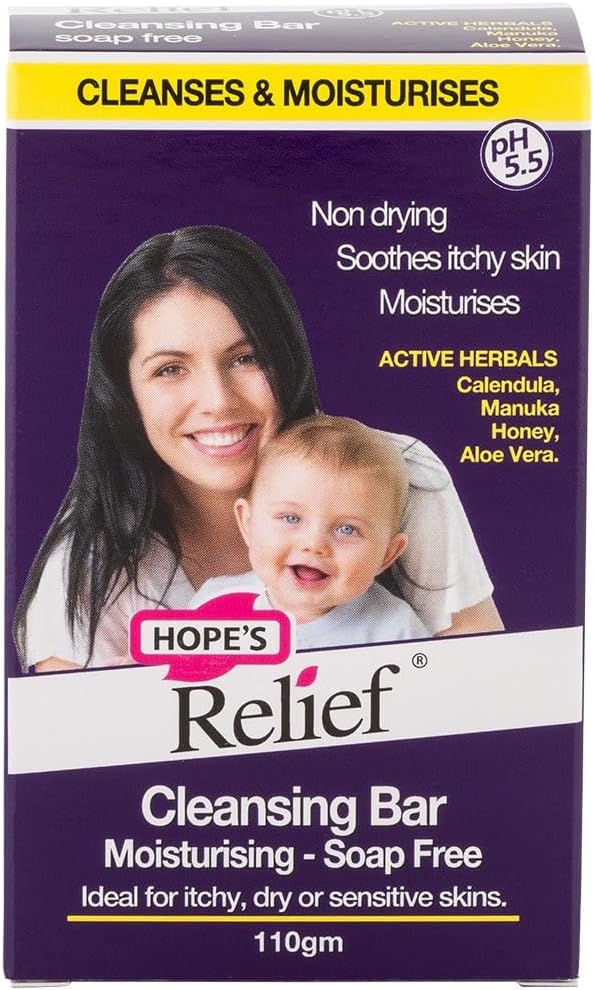 Box of Hope's Relief Cleansing Bar with a woman and child on the packaging.
