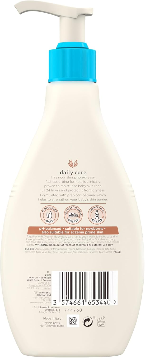 Back of Aveeno Baby Lotion bottle showing ingredients, barcode and instructions.