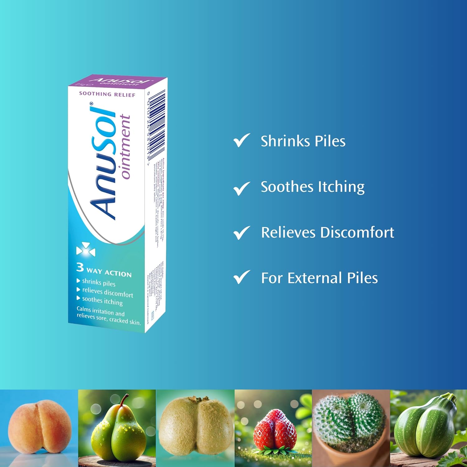 Front of 25g Anusol Ointment tube, blue and white packaging.