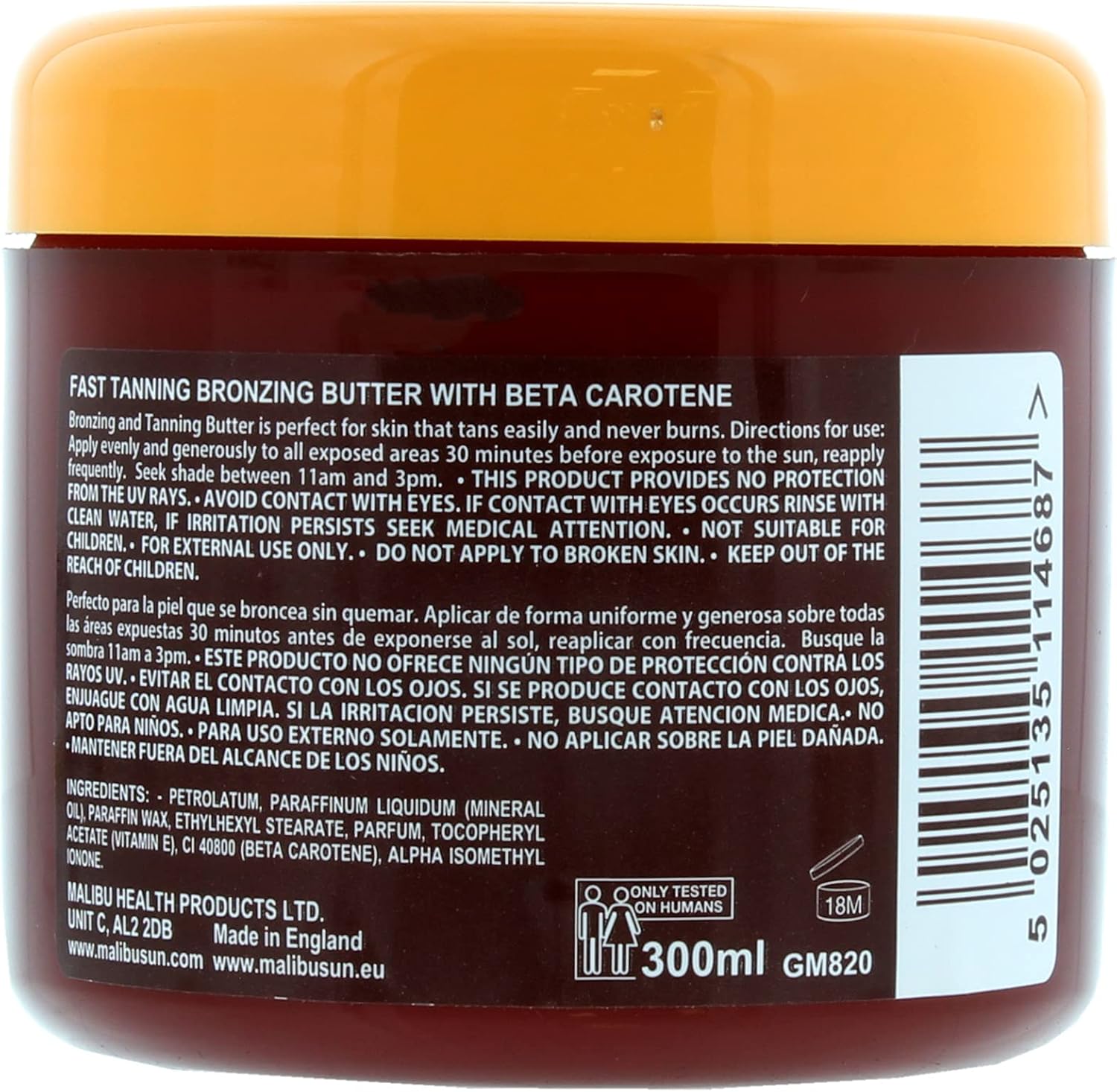 Malibu Fast Bronzing Tanning Butter – 300ml ingredients & barcode