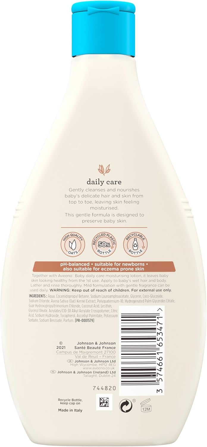 Back of Aveeno Baby Wash bottle showing ingredients, barcode and safety warnings.