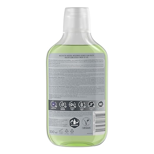 Ingredients and instructions for BIOMED Alcohol Free Natural Mouthwash.