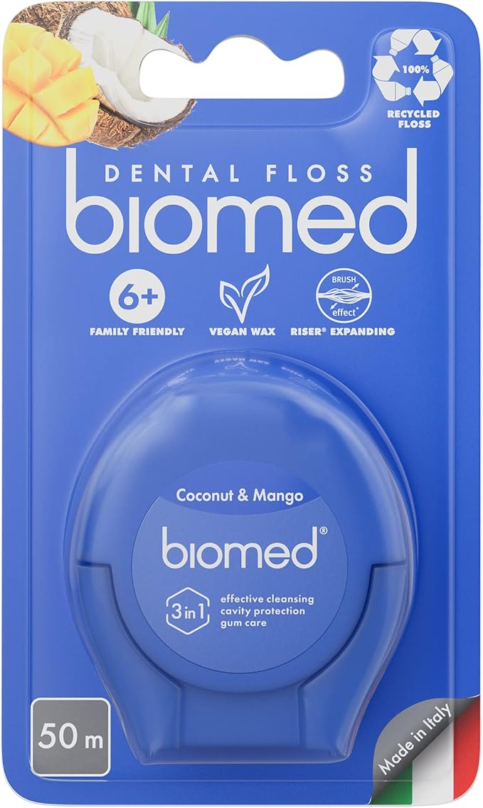 BIOMED Coconut and Mango flavored dental floss dispenser on a clean background.