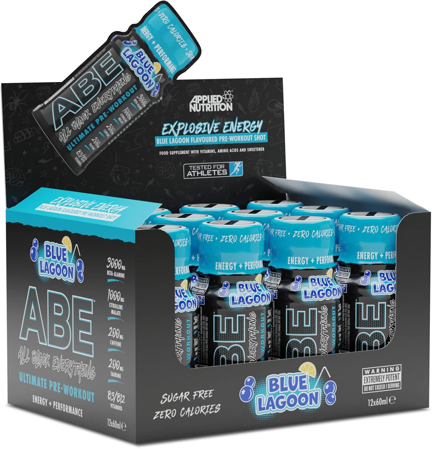 Display box of Applied Nutrition ABE Blue Lagoon pre-workout supplement