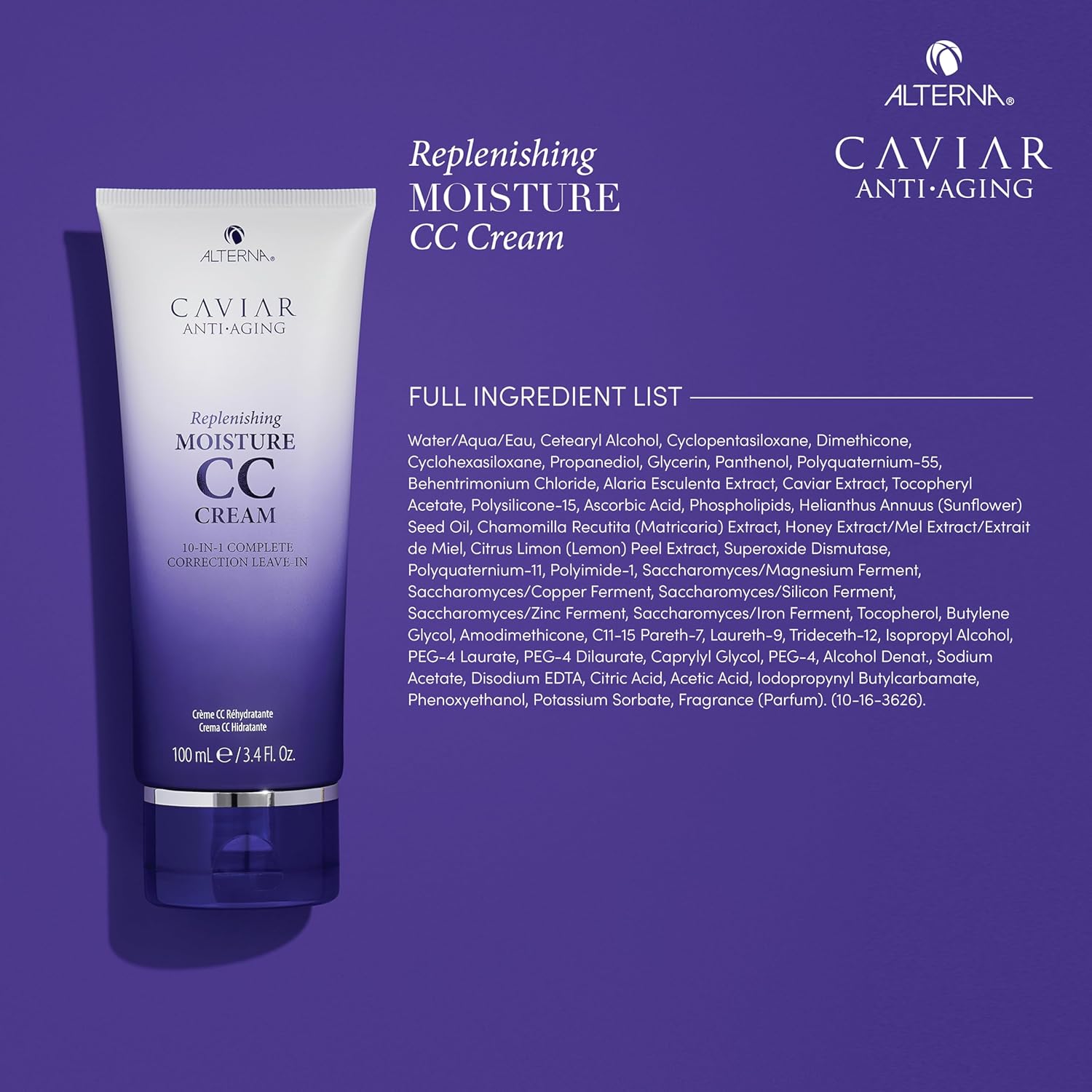 Alterna CAVIAR CC Cream tube showing ingredients and benefits.