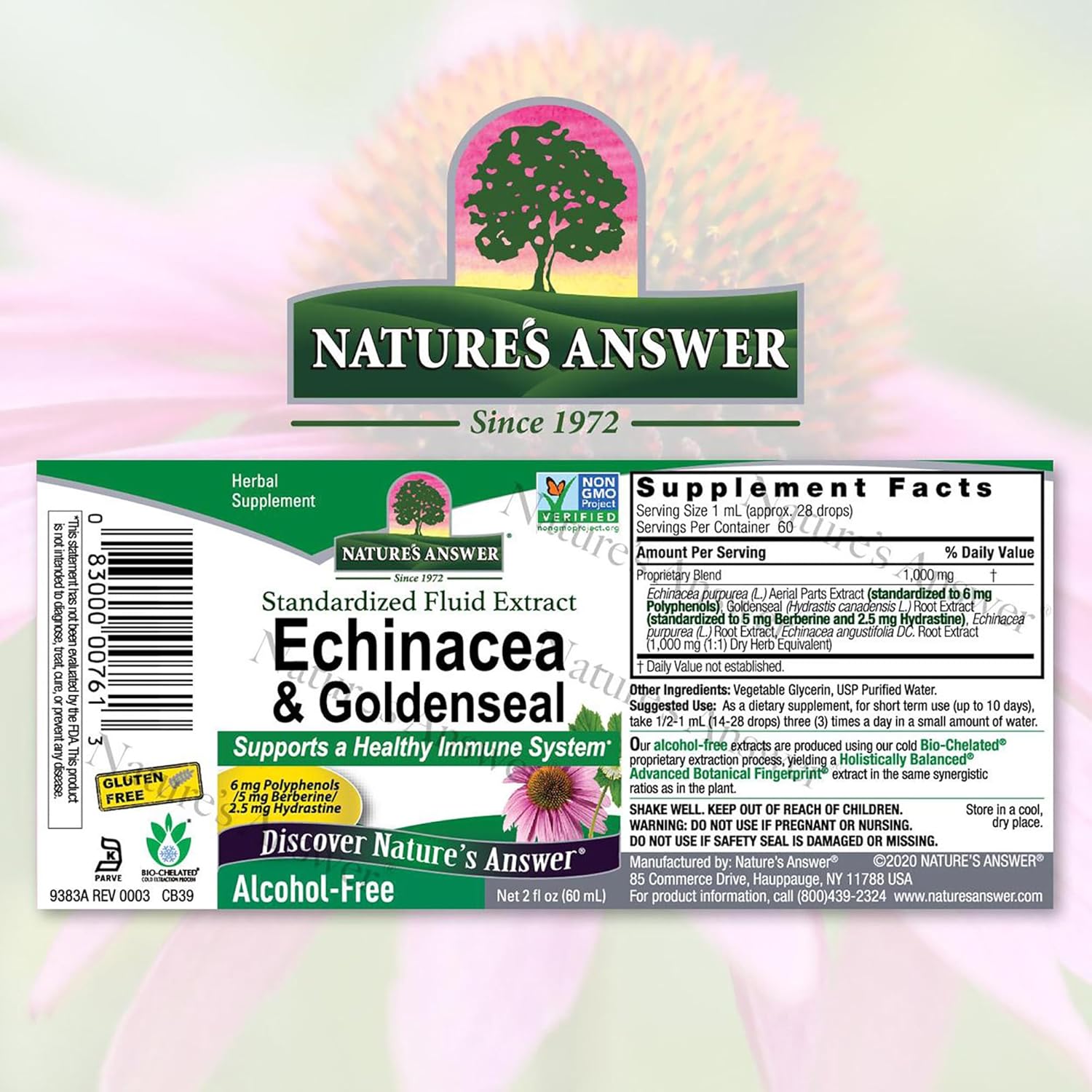 Nature’s Answer Echinacea Goldenseal alcohol free liquid extract 60ml barcode on a light pink floral background