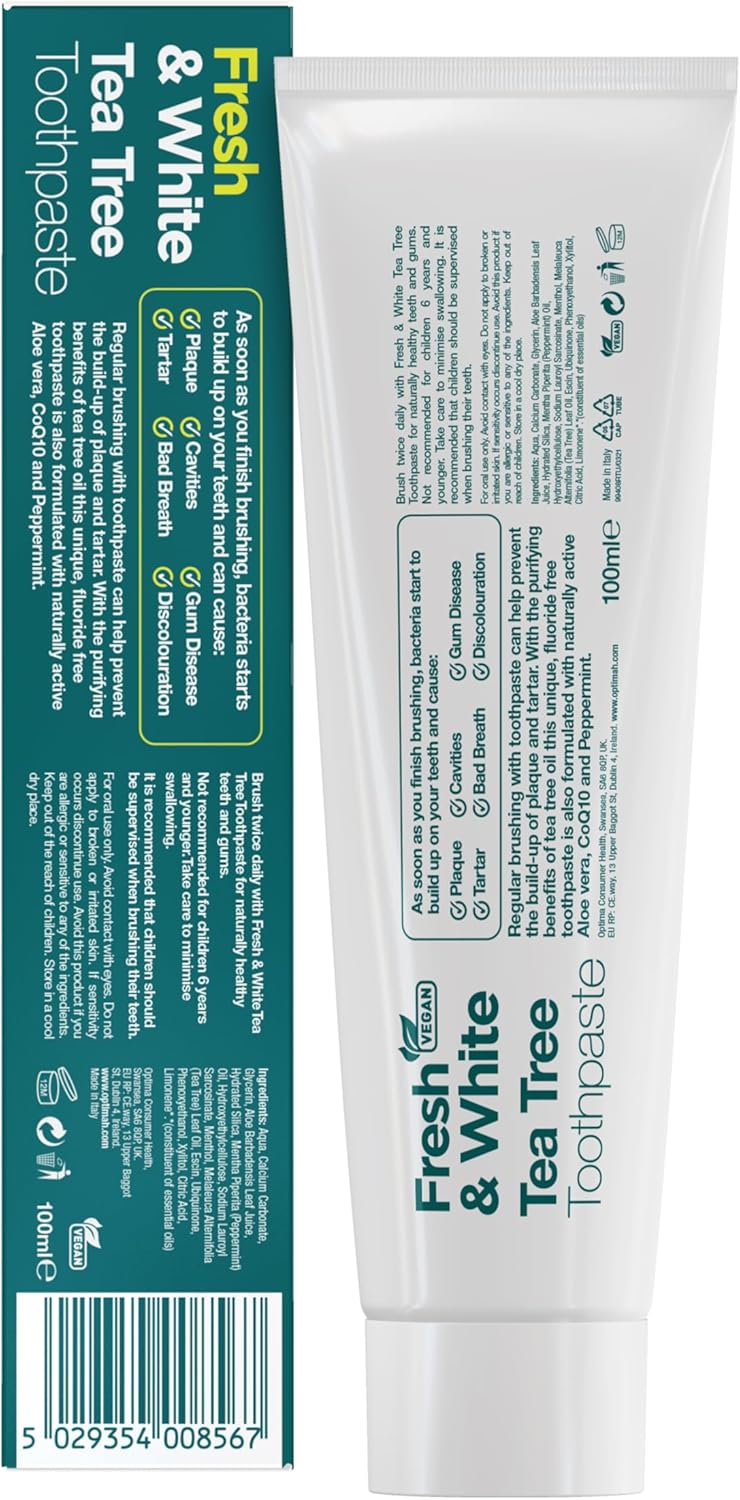 Label showing barcode, ingredients list including Tea Tree Oil.