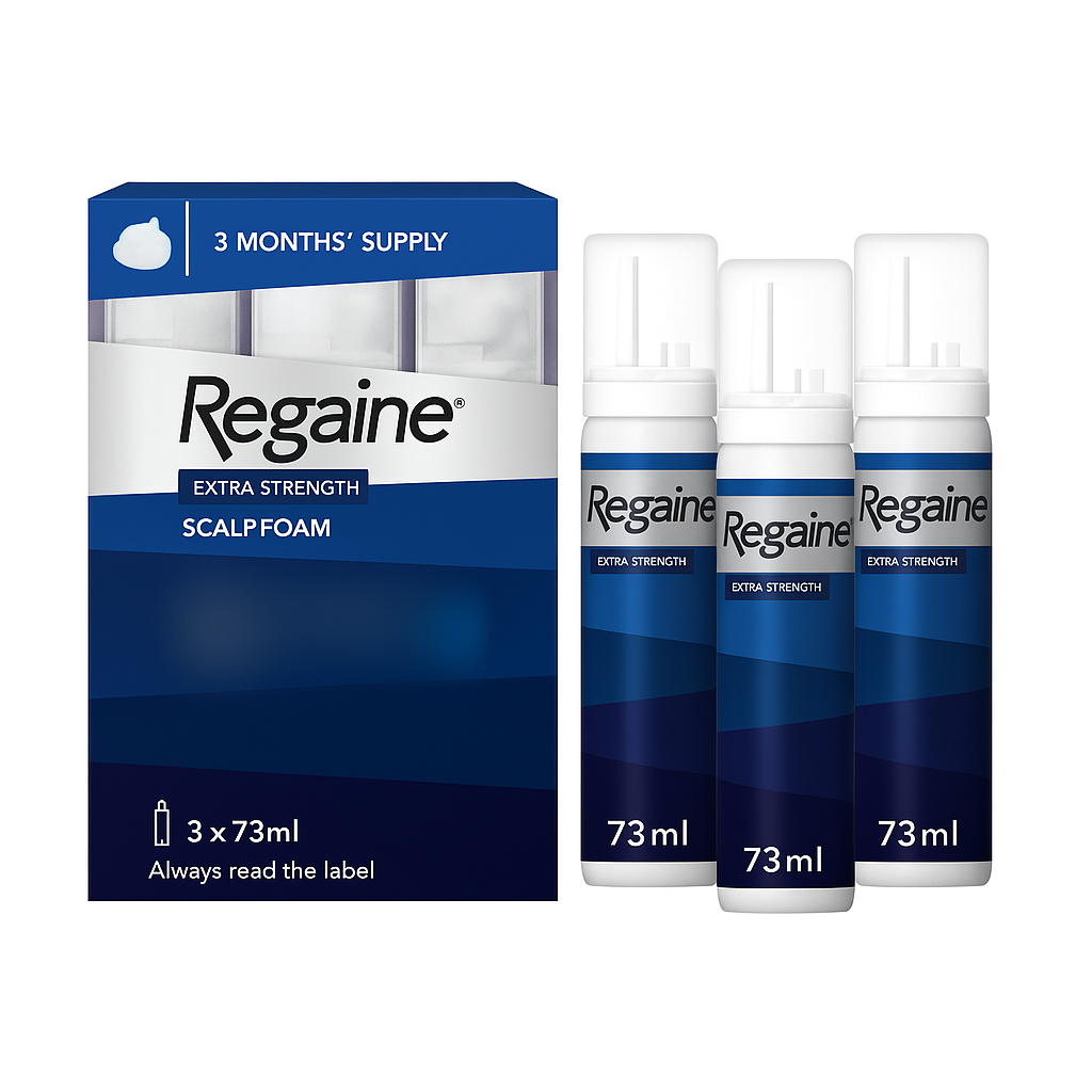 Regaine Extra Strength Scalp Foam packaging with three bottles on a white background