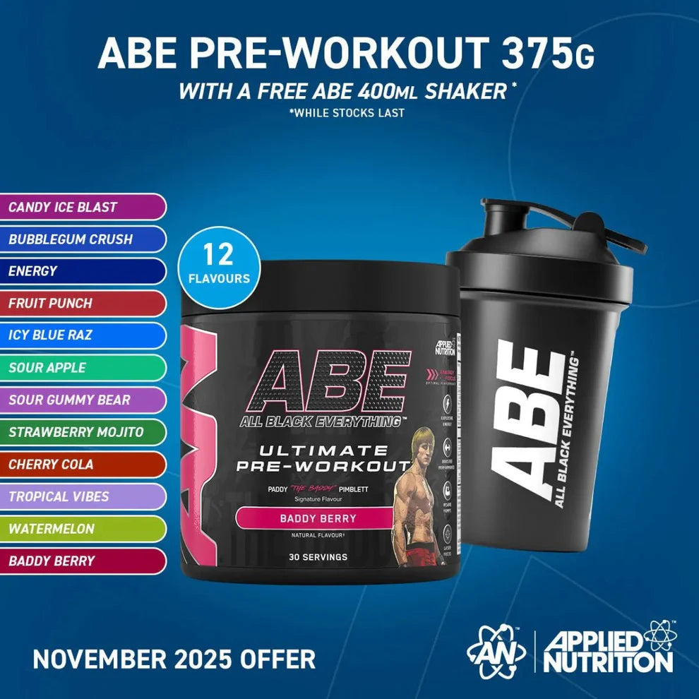 ABE pre-workout supplement with shaker on a blue background