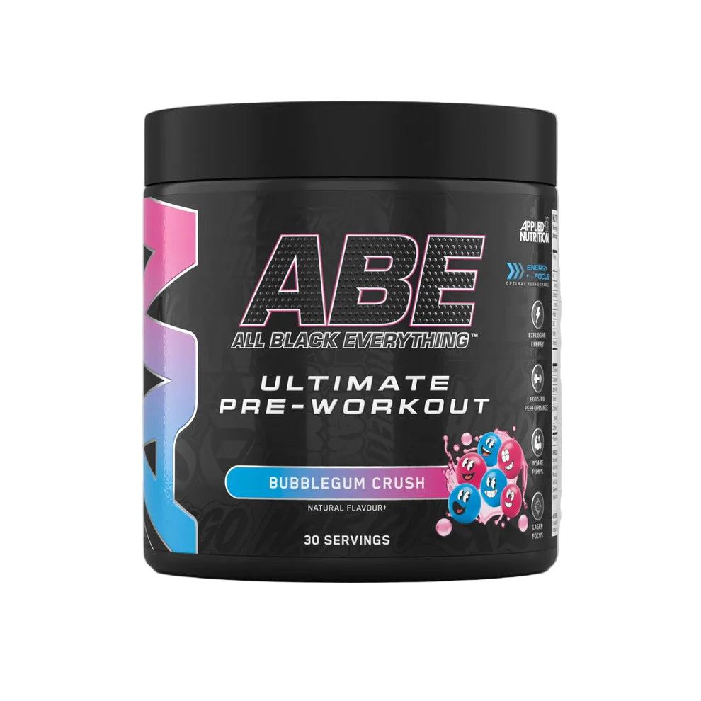 Black pre-workout supplement container with colorful design on a gray background
