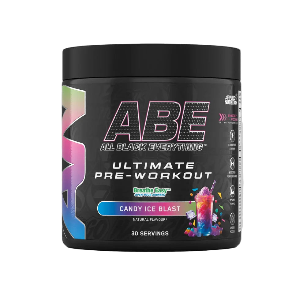 Black pre-workout supplement container with colorful label on a gray background