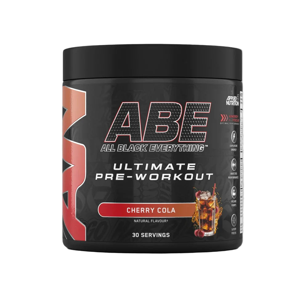 Black pre-workout supplement container with 'A.B.E.' branding on a gray background