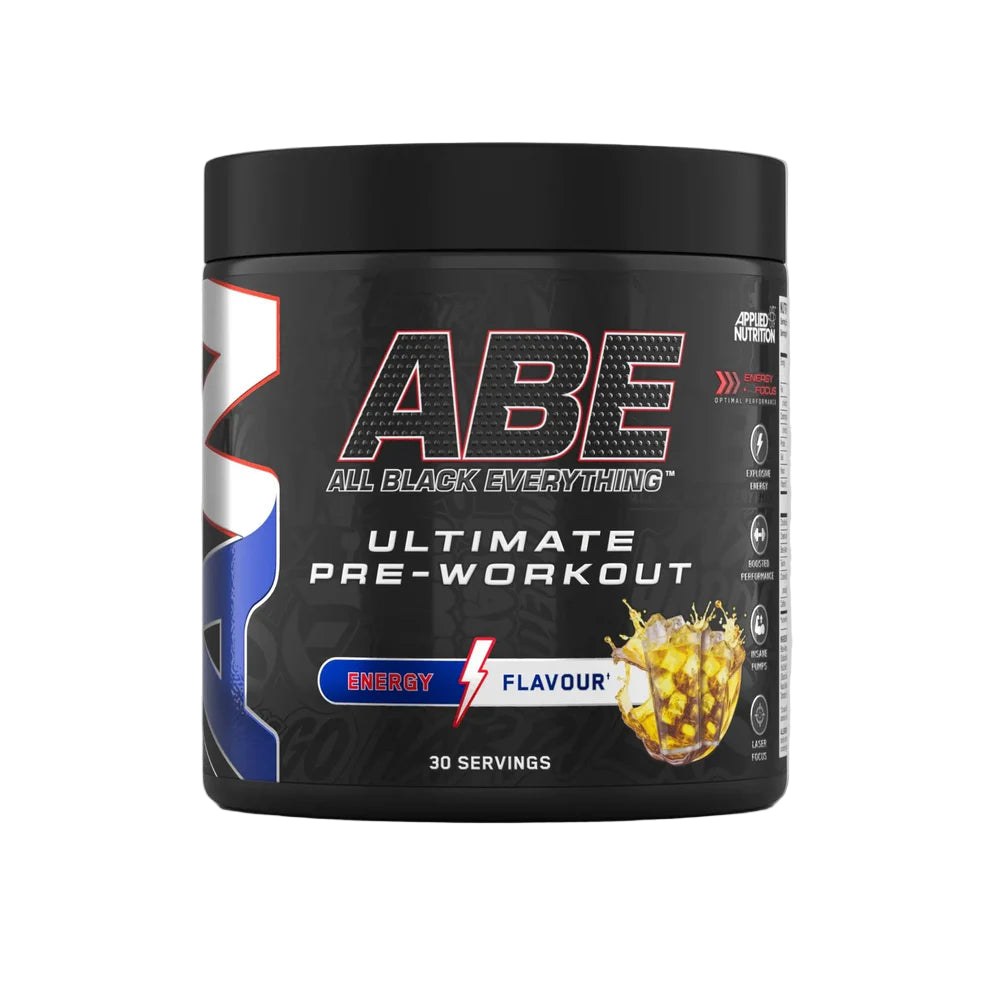 Black pre-workout supplement container with 'ABE' branding on a gray background