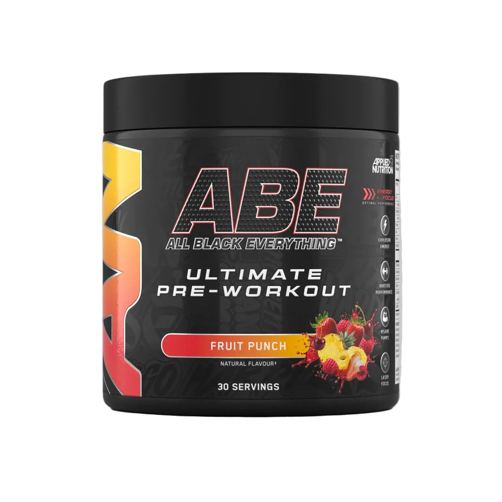 Black pre-workout supplement container with colorful label on a gray background