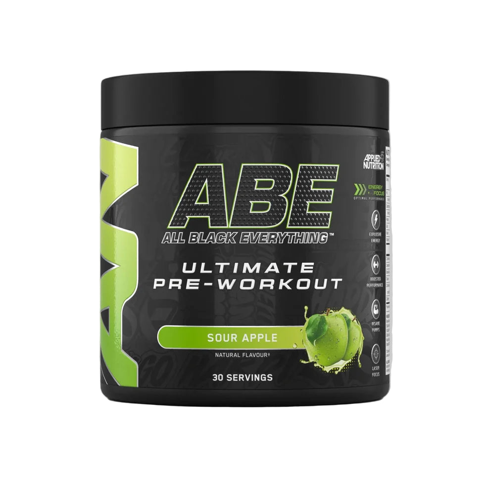 Black and green container of ABE All Black Everything pre-workout supplement with sour apple flavor on a white background.
