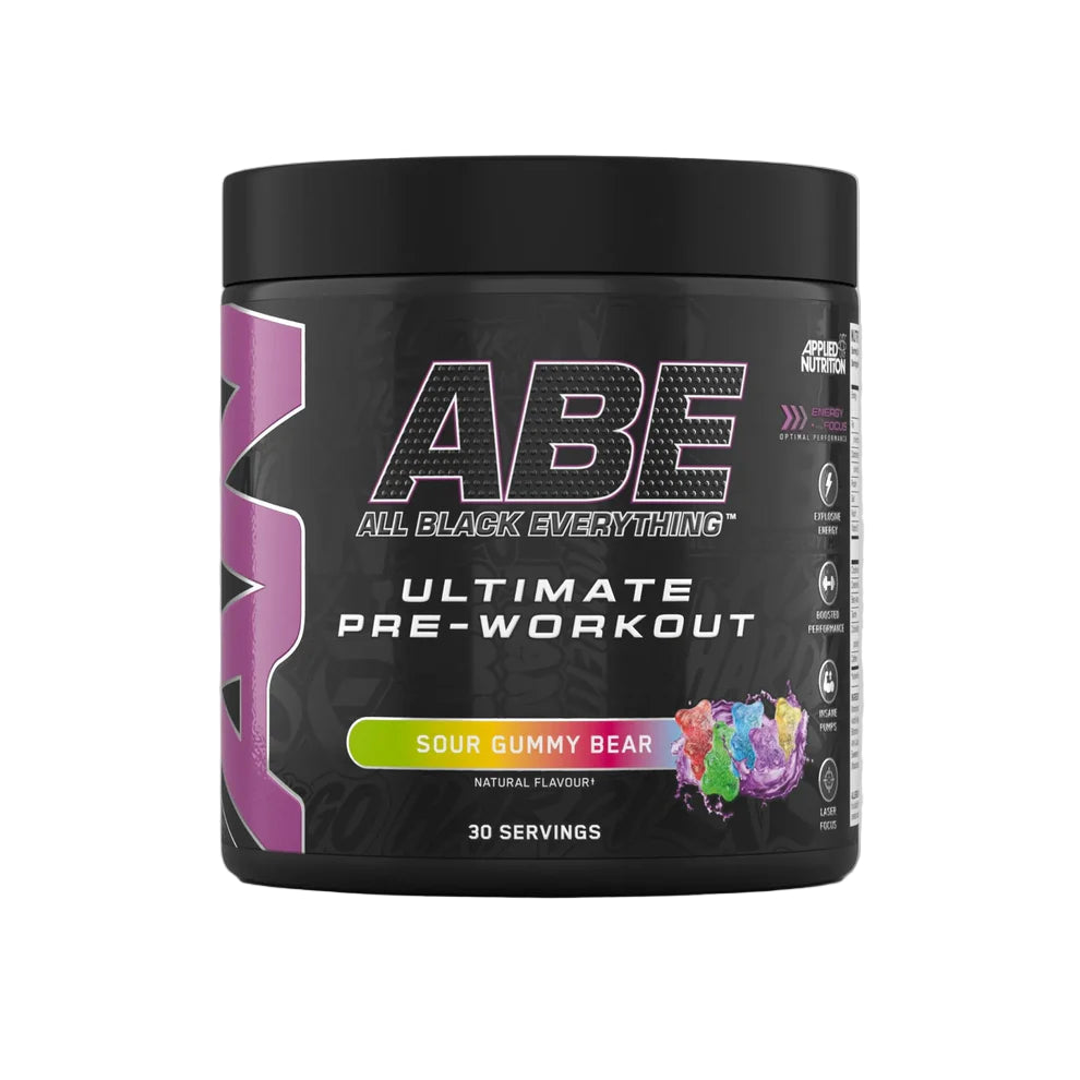 Black pre-workout supplement container with colorful label on a gray background