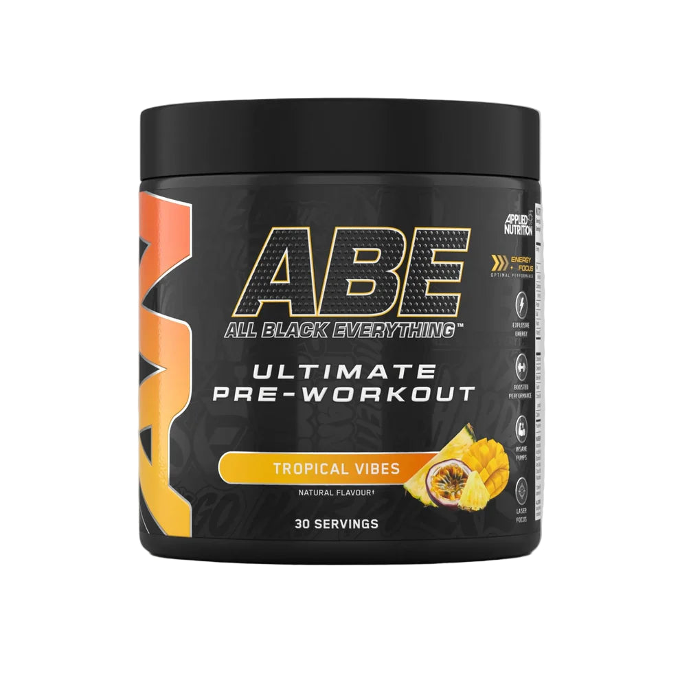 Abe All Black Everything pre-workout supplement container on a gray background