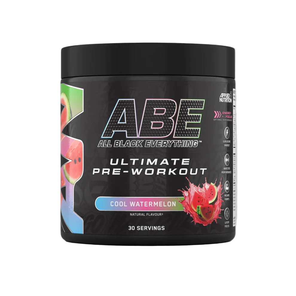 Black pre-workout supplement container with colorful graphics on a gray background