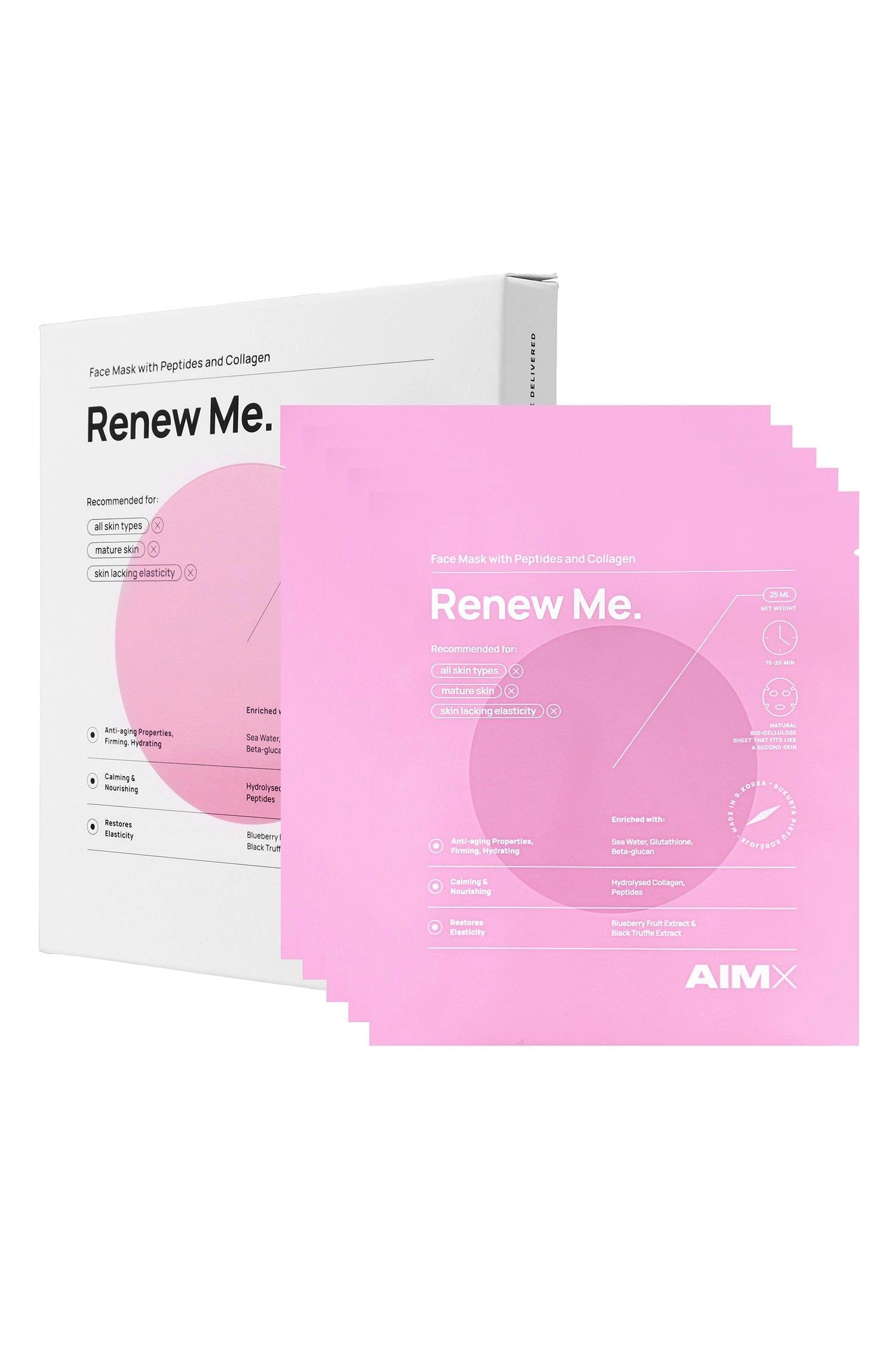 AIMX Renew Me – 25ml x 5 Bio-Cellulose Face Masks with Peptides & Collagen