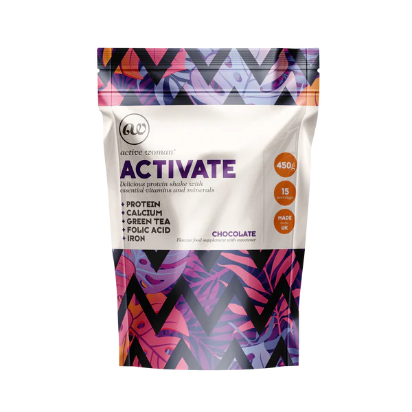 Front image: Active Woman Activate protein powder chocolate flavour pack 450g