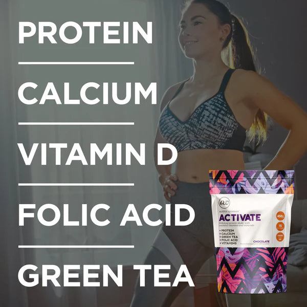 Supplement facts: Active Woman Activate protein powder ingredients label chocolate 450g