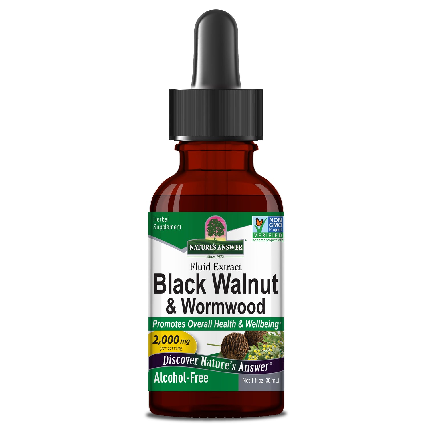 Nature’s Answer Black Walnut and Wormwood complex alcohol-free liquid extract 30ml bottle front label