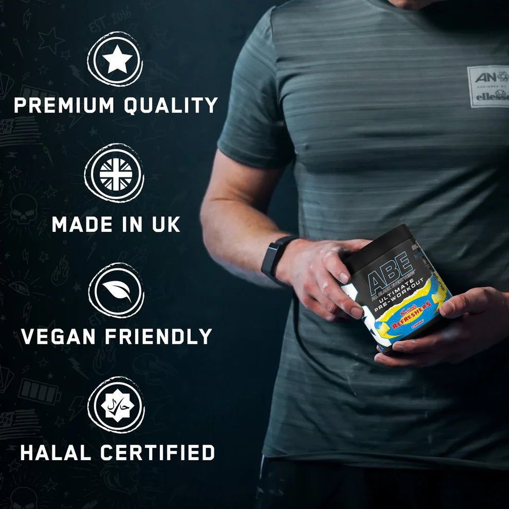 Person holding a product with certification icons on a dark background