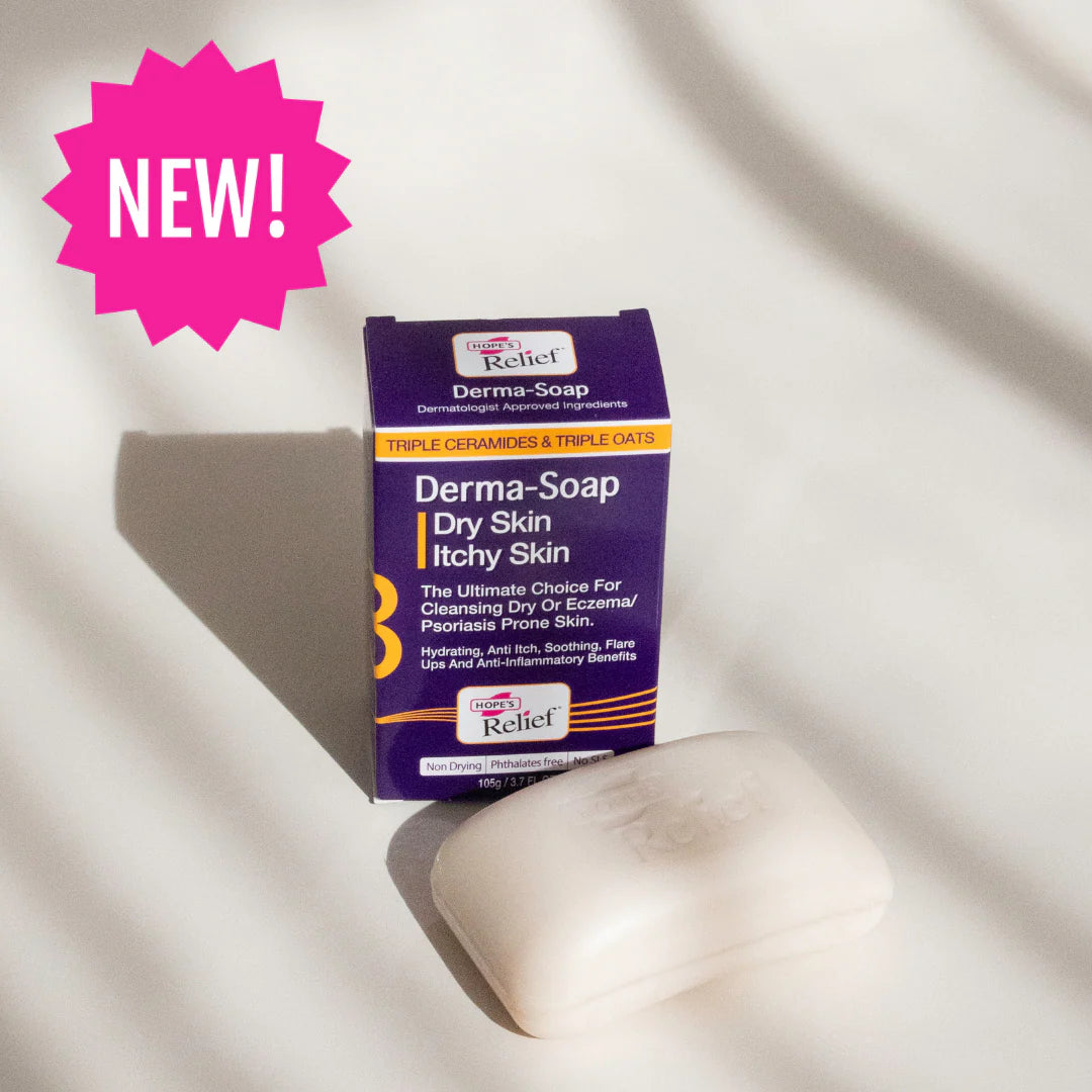 Derma-Relief Derma-Soap packaging on a white background with a pink 'NEW!' label.
