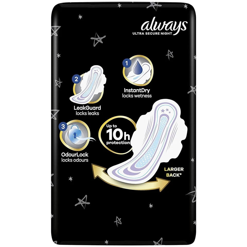 Back image: Always Ultra Secure Night pads size 4 wings sanitary pads 36 pack