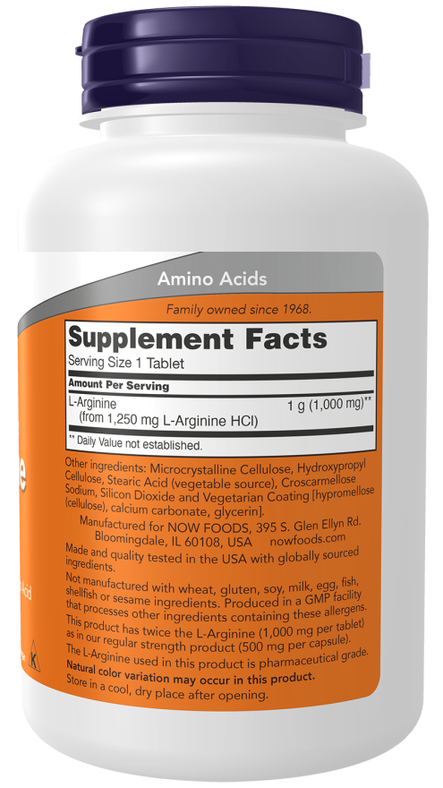 Now Foods L-Arginine, Double Strength 1000 mg Tablets Amino Acid