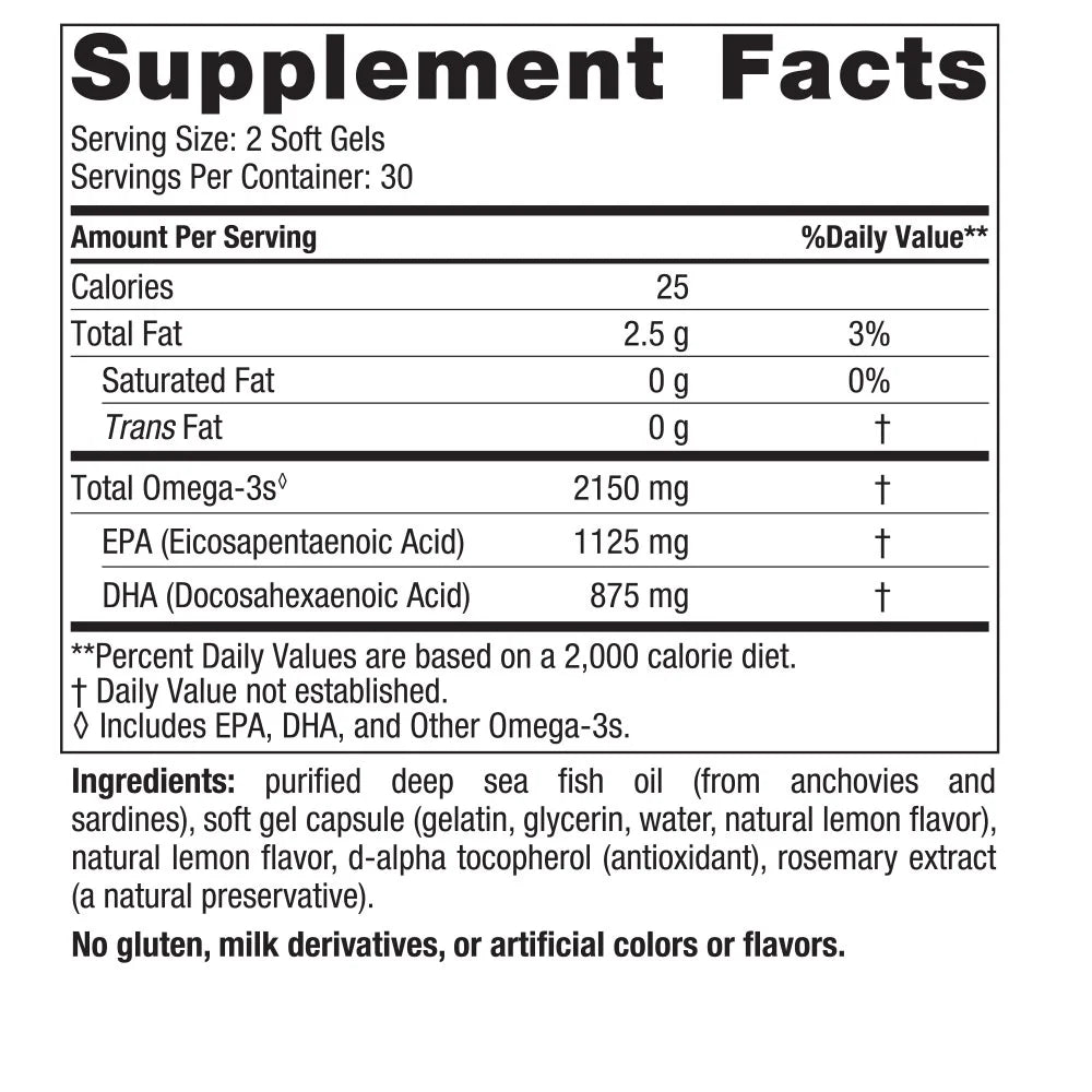 Back of Ultimate Omega 2X supplement bottle showing supplement facts panel and usage instructions.