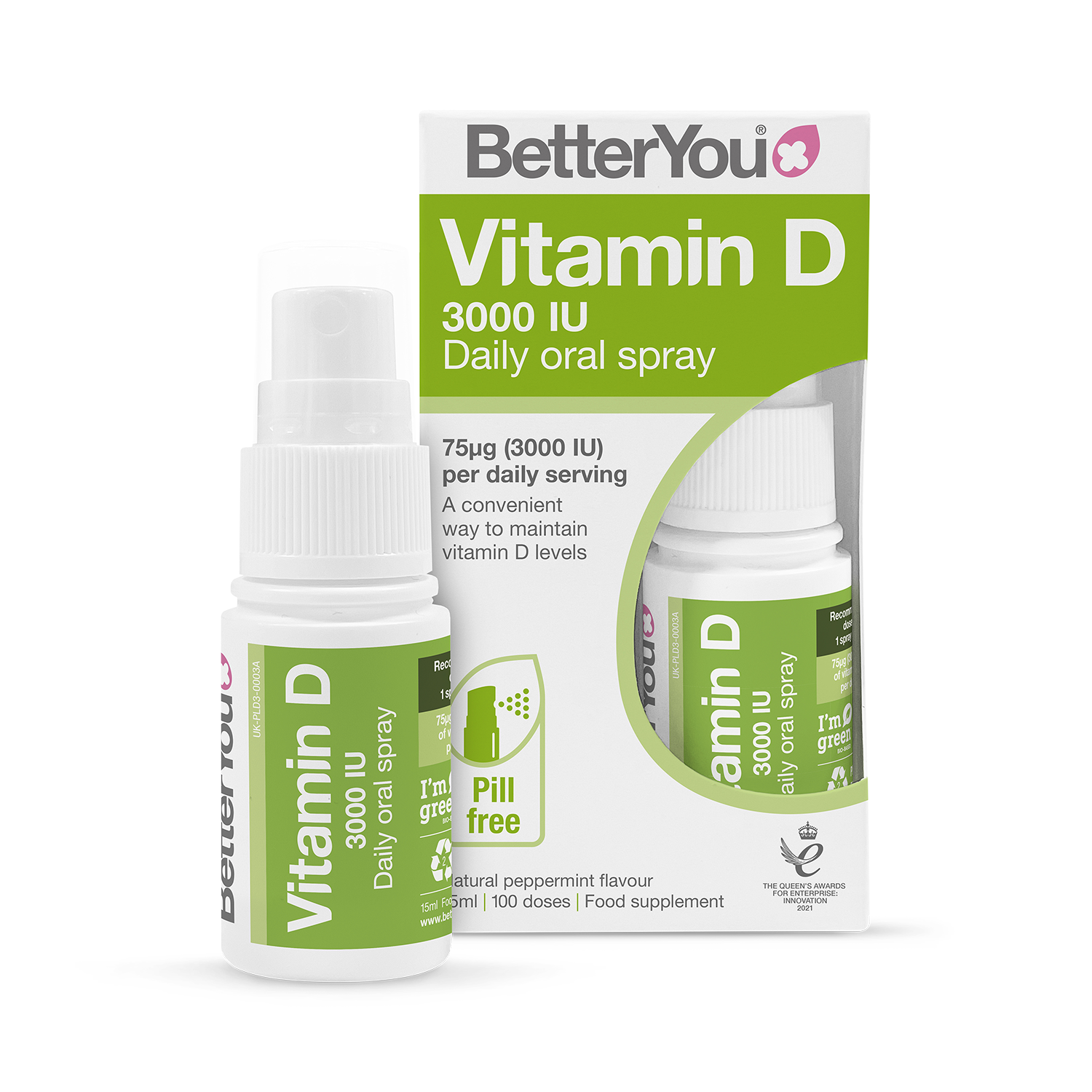 BetterYou Vitamin D3 3000 IU Oral Spray bottle & box, 15ml.