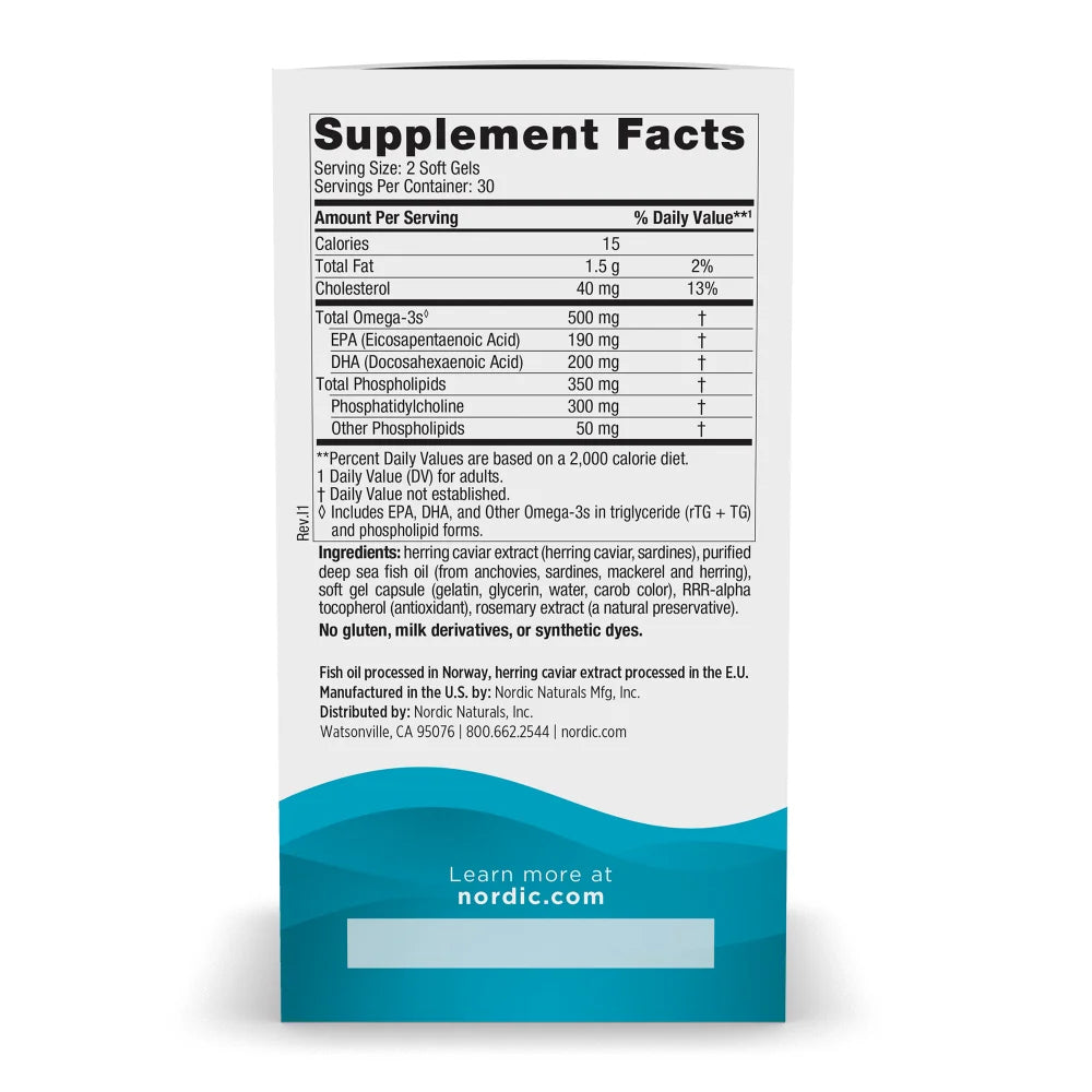 Supplement facts label for Nordic Naturals Omega-3 Phospholipids with Phosphatidylcholine.