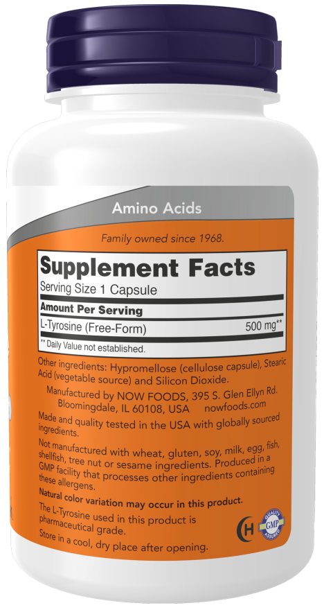 Supplement facts panel for NOW L-Tyrosine 500mg capsules, focus and mood support.