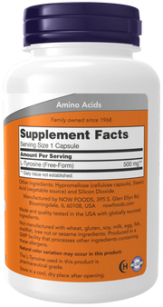 Supplement facts panel for NOW L-Tyrosine 500mg capsules, focus and mood support.