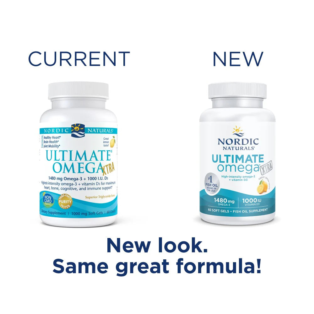 Nordic Naturals Ultimate Omega Xtra - 1480mg Omega-3 + 1000 IU D3 old & new packaging