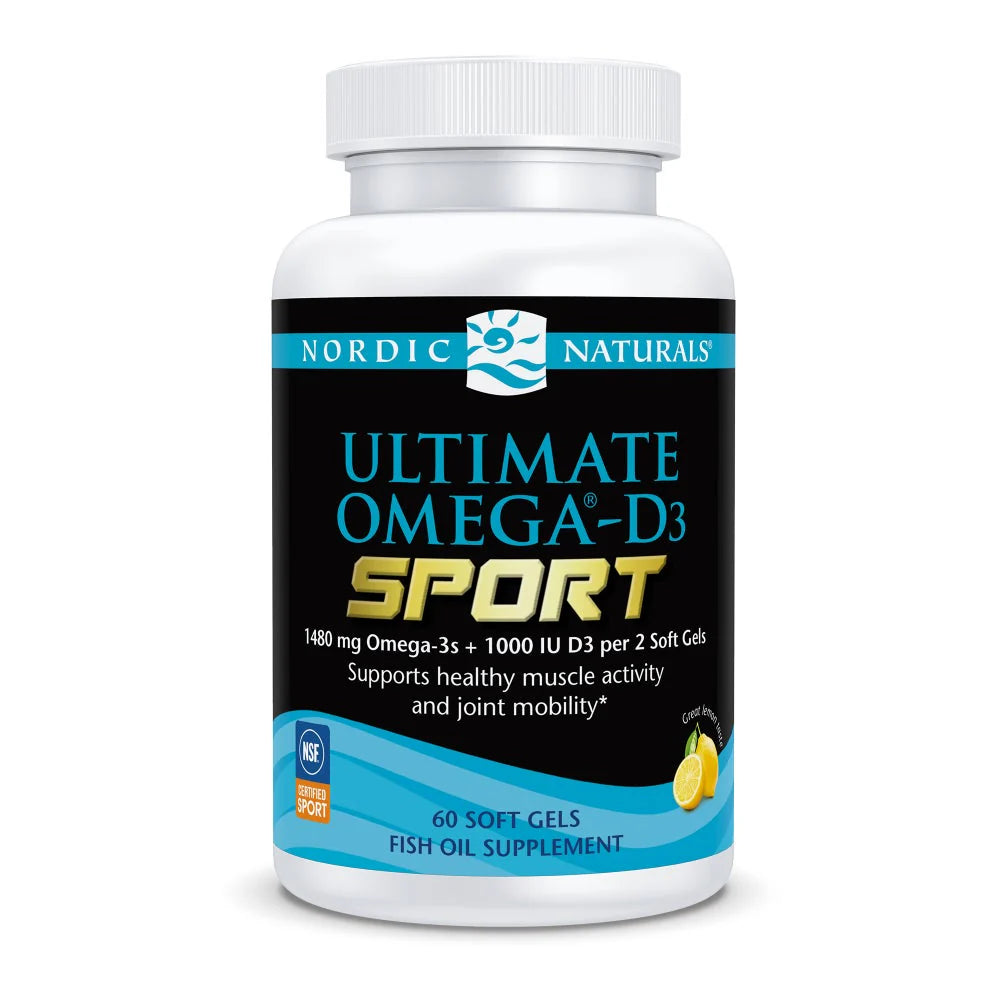 Nordic Naturals Ultimate Omega-D3 Sport bottle, lemon, 60 soft gels.