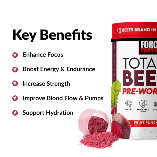 Key benefits and supplement label for Total Beets pre-workout drink mix.