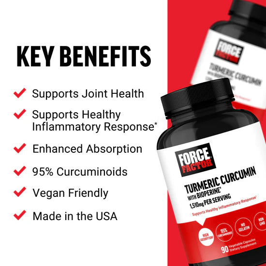 Key benefits label for Turmeric Curcumin 95% with Black Pepper Extract.
