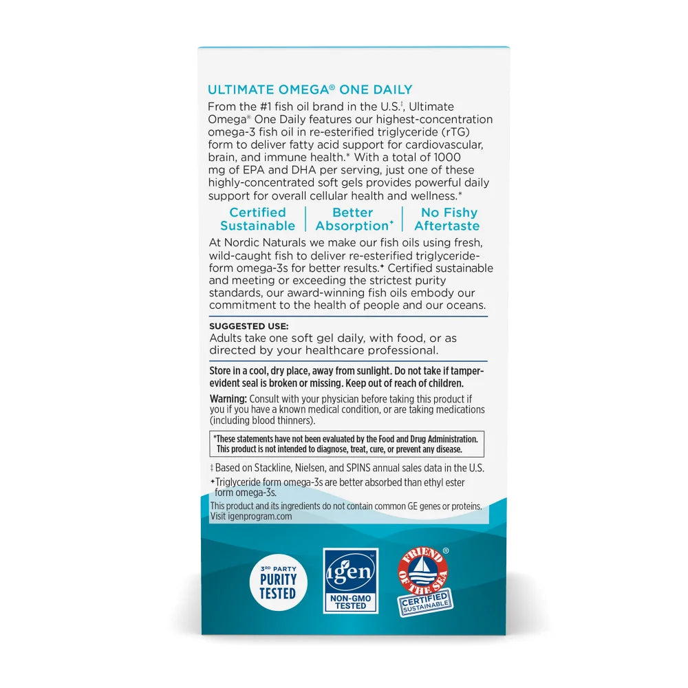 Supplement facts label for one-daily omega-3 soft gel.
