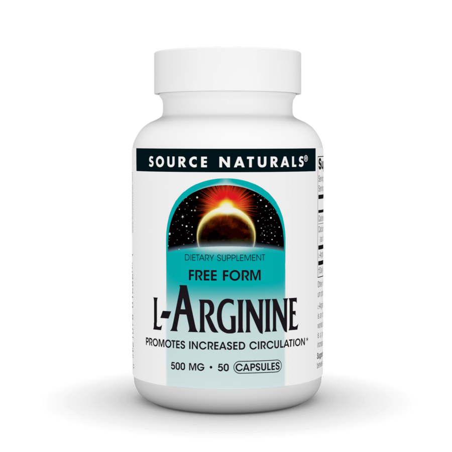Front image: Source Naturals L-Arginine 500mg free form capsules bottle 50 count